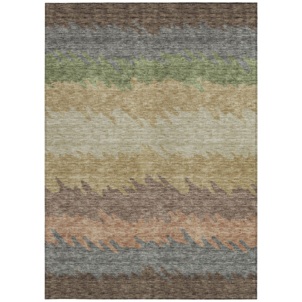9' X 12' Chocolate Gray And Green Striped Washable Indoor Outdoor Area Rug