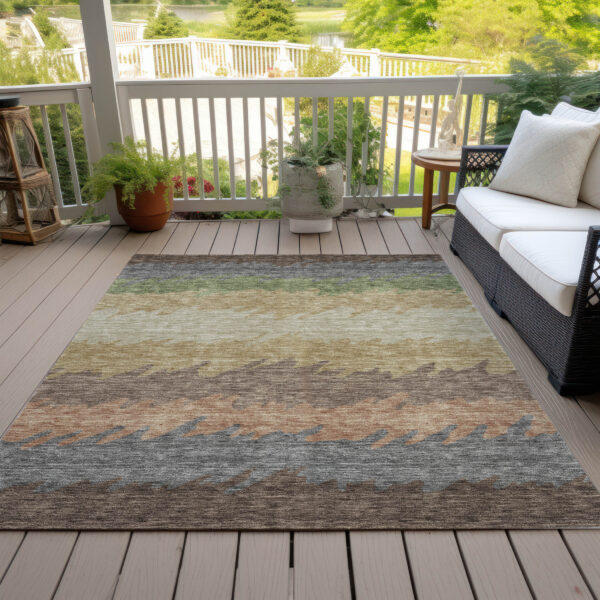 9' X 12' Chocolate Gray And Green Striped Washable Indoor Outdoor Area Rug
