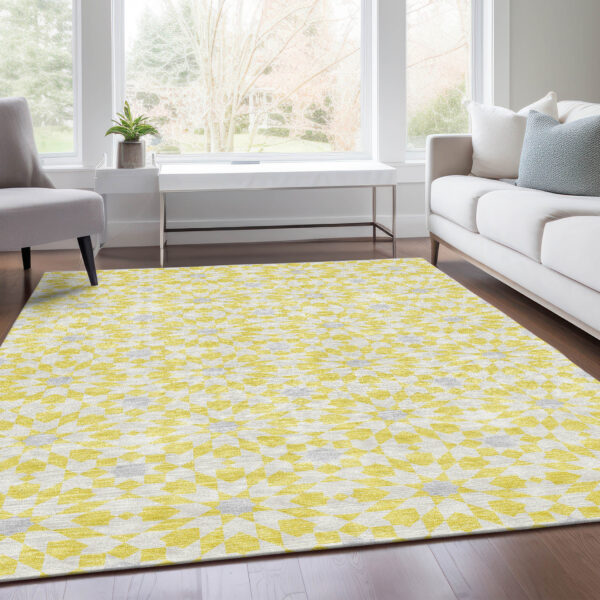 10' X 14' Yellow Ivory And Gray Floral Medallion Washable Indoor Outdoor Area Rug