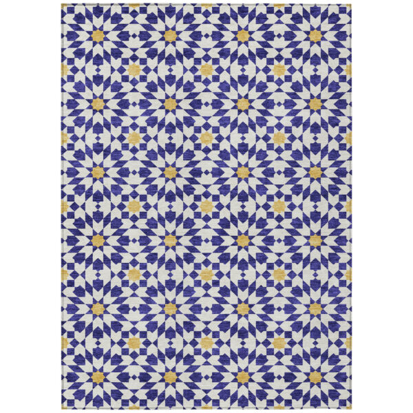 10' X 14' Navy Blue And Ivory Floral Medallion Washable Indoor Outdoor Area Rug
