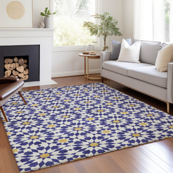 10' X 14' Navy Blue And Ivory Floral Medallion Washable Indoor Outdoor Area Rug