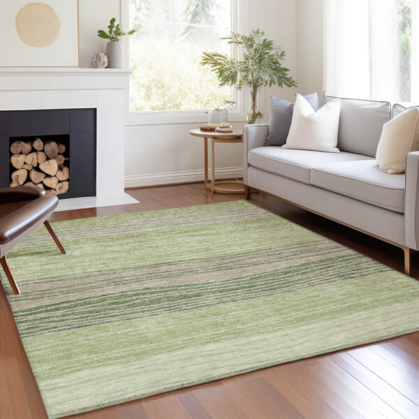 10' X 14' Artichoke Green And Taupe Striped Washable Indoor Outdoor Area Rug