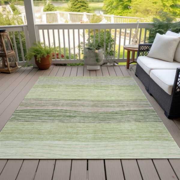 10' X 14' Artichoke Green And Taupe Striped Washable Indoor Outdoor Area Rug