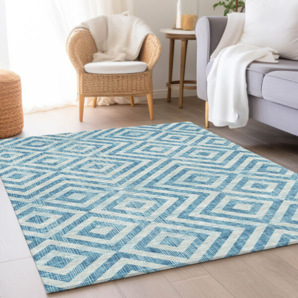 8' X 10' Teal Blue And Ivory Geometric Washable Indoor Outdoor Area Rug