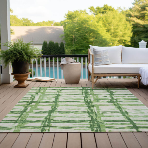 9' X 12' Artichoke Green And Emerald Striped Washable Indoor Outdoor Area Rug