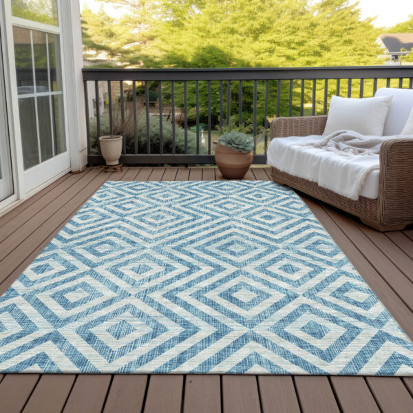 8' X 10' Teal Blue And Ivory Geometric Washable Indoor Outdoor Area Rug