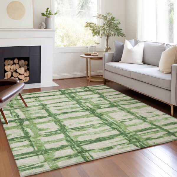 9' X 12' Artichoke Green And Emerald Striped Washable Indoor Outdoor Area Rug