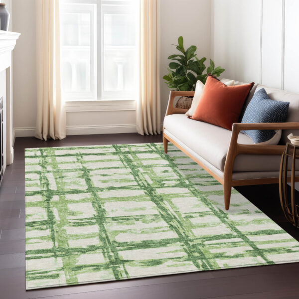 9' X 12' Artichoke Green And Emerald Striped Washable Indoor Outdoor Area Rug