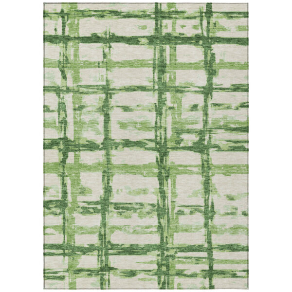 9' X 12' Artichoke Green And Emerald Striped Washable Indoor Outdoor Area Rug