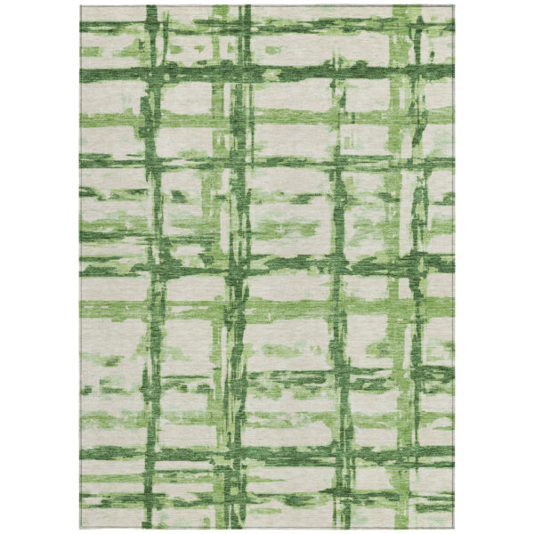9' X 12' Artichoke Green And Emerald Striped Washable Indoor Outdoor Area Rug