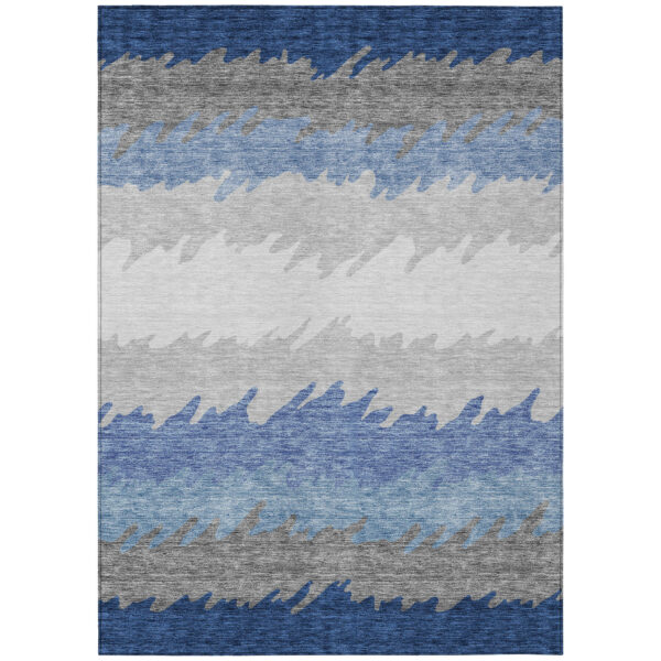 8' X 10' Navy Blue Gray And Silver Striped Washable Indoor Outdoor Area Rug