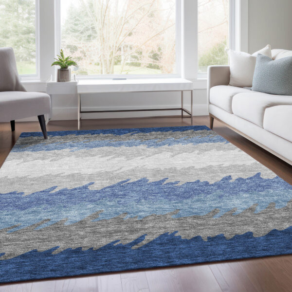 8' X 10' Navy Blue Gray And Silver Striped Washable Indoor Outdoor Area Rug