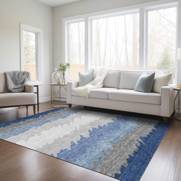 8' X 10' Navy Blue Gray And Silver Striped Washable Indoor Outdoor Area Rug