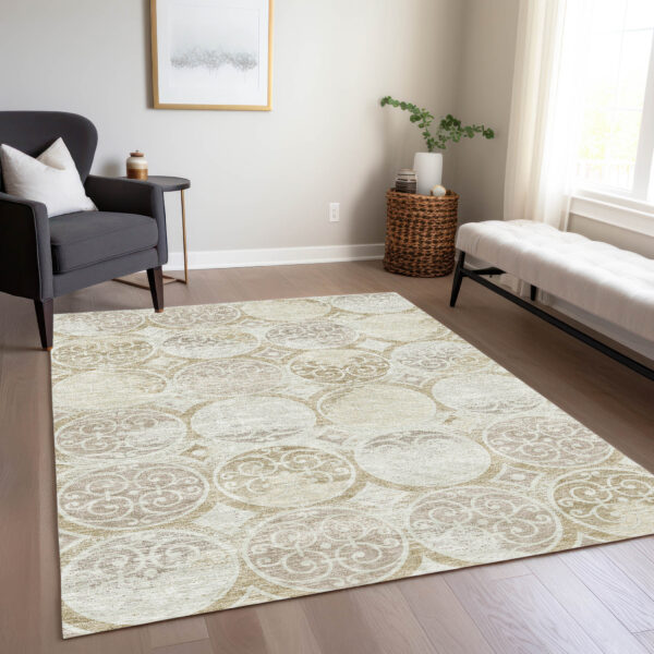 5' X 8' Ivory Beige And Taupe Trellis Washable Indoor Outdoor Area Rug