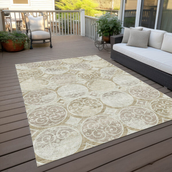 5' X 8' Ivory Beige And Taupe Trellis Washable Indoor Outdoor Area Rug