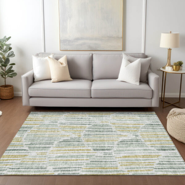 10' X 14' Sage Artichoke Green And Gold Abstract Washable Indoor Outdoor Area Rug