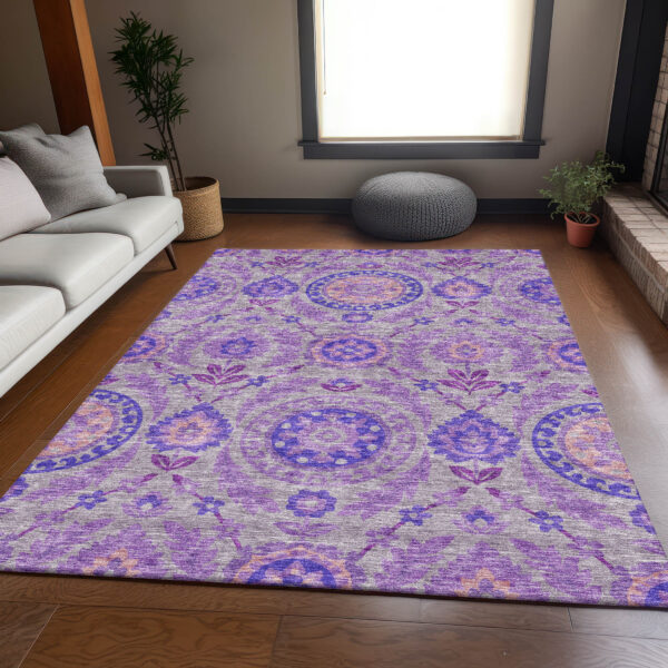 3' X 5' Lavender Lilac And Gray Floral Washable Indoor Outdoor Area Rug