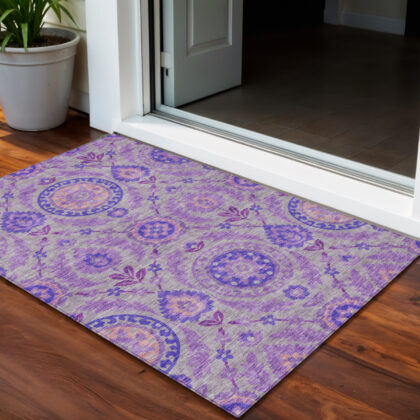 3' X 5' Lavender Lilac And Gray Floral Washable Indoor Outdoor Area Rug