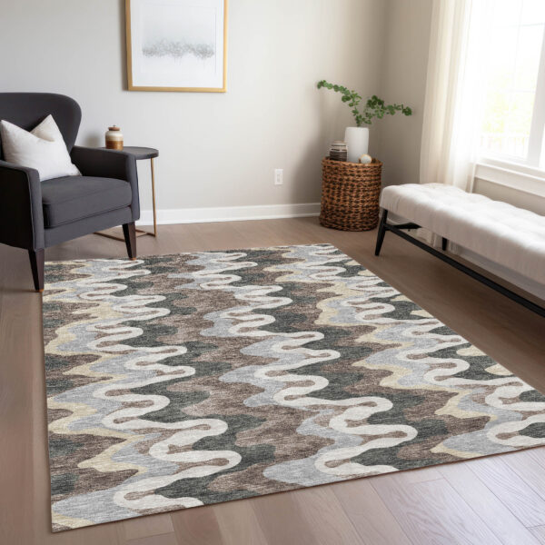 9' X 12' Charcoal Gray And Silver Abstract Washable Indoor Outdoor Area Rug
