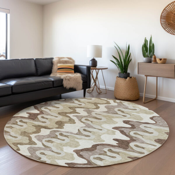8' Beige Brown And Taupe Round Abstract Washable Indoor Outdoor Area Rug