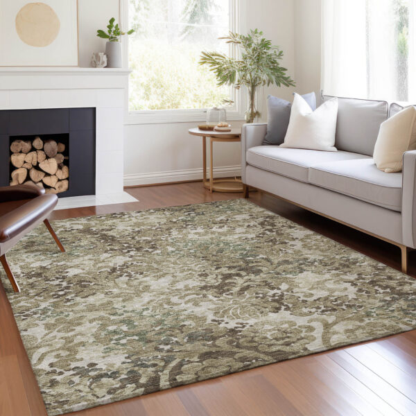 9' X 12' Beige Taupe And Brown Floral Washable Indoor Outdoor Area Rug