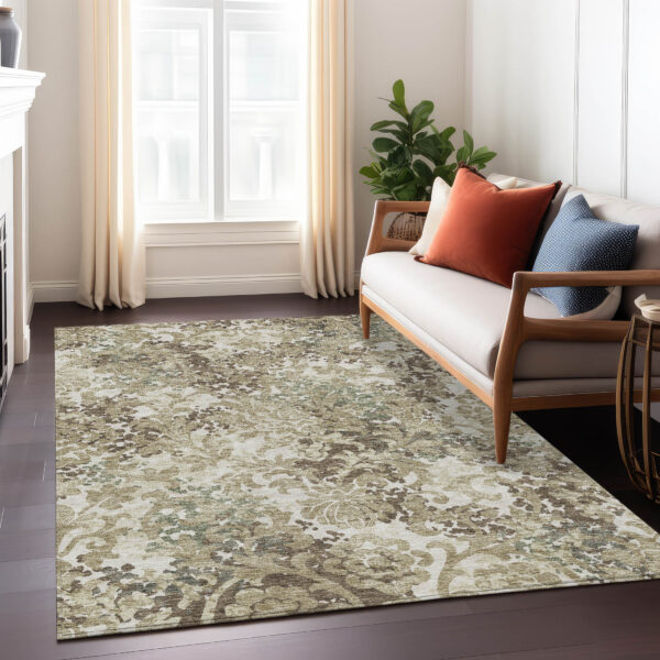 9' X 12' Beige Taupe And Brown Floral Washable Indoor Outdoor Area Rug