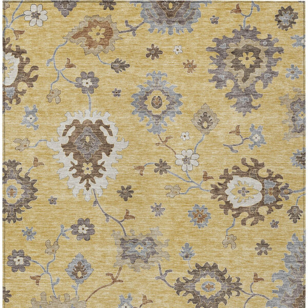 5' X 8' Gold Ivory And Brown Floral Washable Indoor Outdoor Area Rug