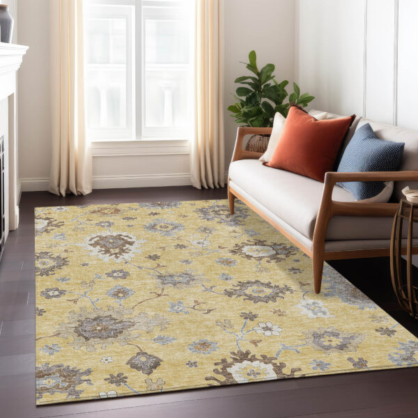 5' X 8' Gold Ivory And Brown Floral Washable Indoor Outdoor Area Rug