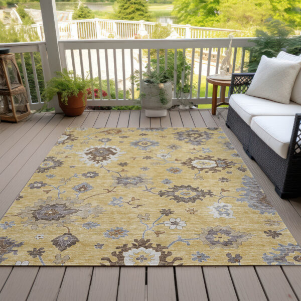 5' X 8' Gold Ivory And Brown Floral Washable Indoor Outdoor Area Rug