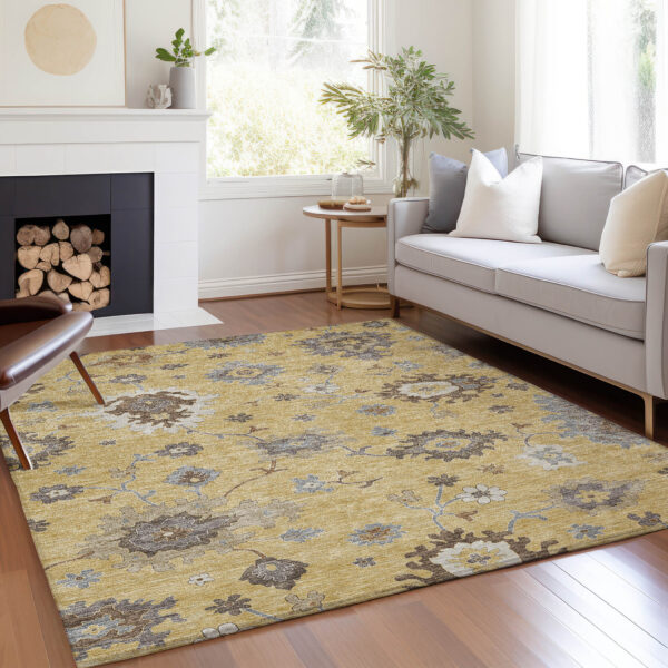 5' X 8' Gold Ivory And Brown Floral Washable Indoor Outdoor Area Rug
