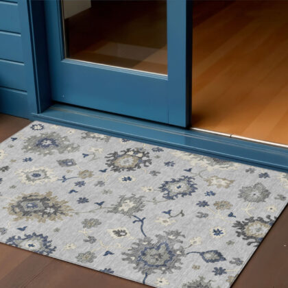 3' X 5' Silver Gray And Taupe Floral Washable Indoor Outdoor Area Rug