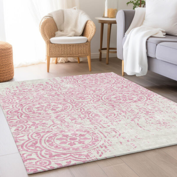 3' X 5' Pink And Ivory Medallion Washable Indoor Outdoor Area Rug