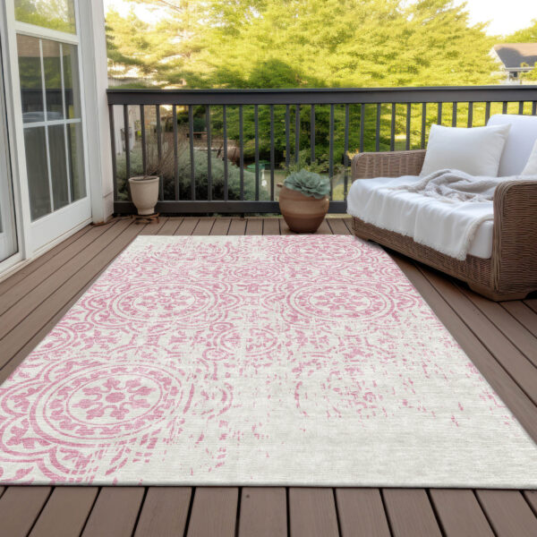3' X 5' Pink And Ivory Medallion Washable Indoor Outdoor Area Rug