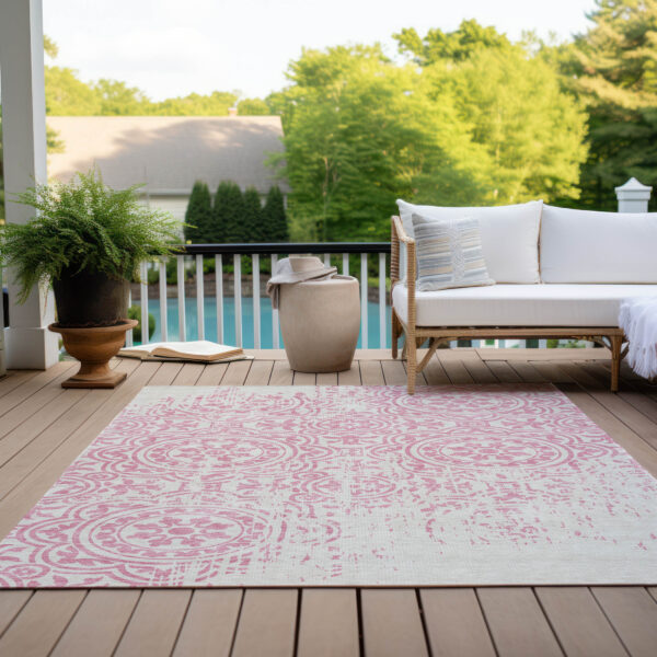 3' X 5' Pink And Ivory Medallion Washable Indoor Outdoor Area Rug