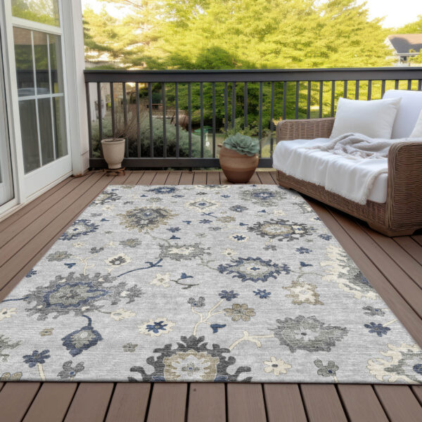 3' X 5' Silver Gray And Taupe Floral Washable Indoor Outdoor Area Rug
