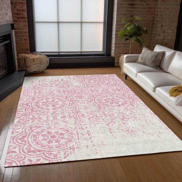 3' X 5' Pink And Ivory Medallion Washable Indoor Outdoor Area Rug