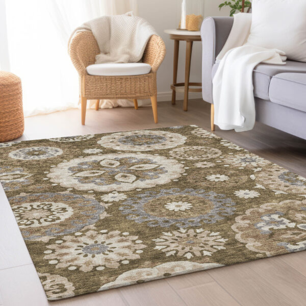 8' X 10' Brown Ivory And Beige Floral Medallion Washable Indoor Outdoor Area Rug