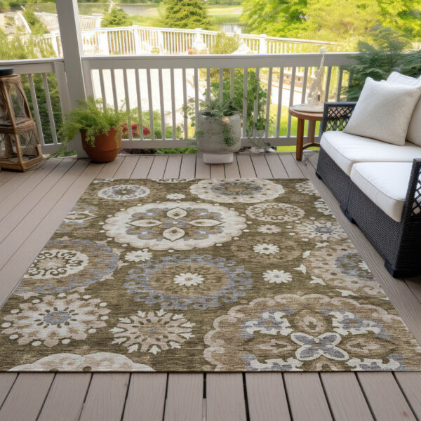 8' X 10' Brown Ivory And Beige Floral Medallion Washable Indoor Outdoor Area Rug