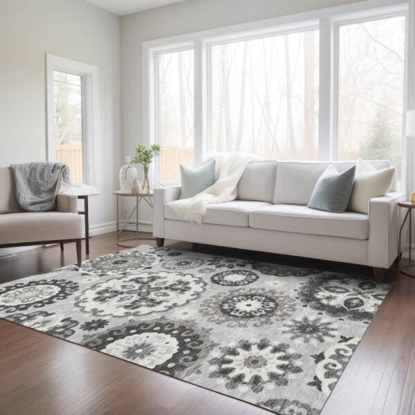 5' X 8' Silver Gray And Ivory Floral Medallion Washable Indoor Outdoor Area Rug