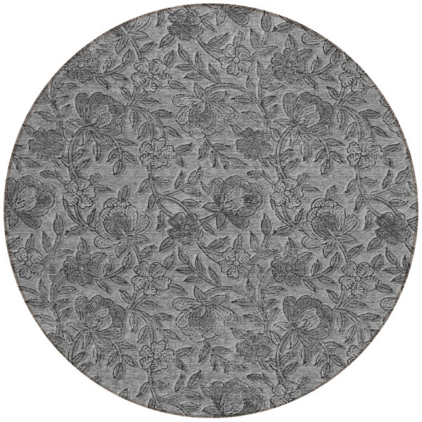 8' Gray Charcoal And Silver Round Floral Washable Indoor Outdoor Area Rug