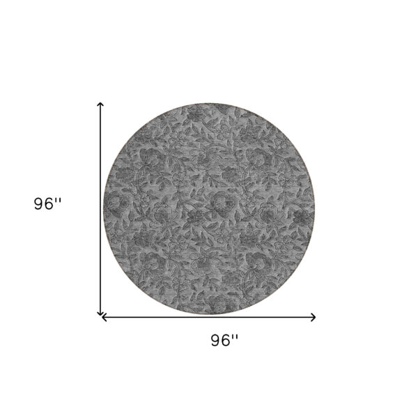 8' Gray Charcoal And Silver Round Floral Washable Indoor Outdoor Area Rug