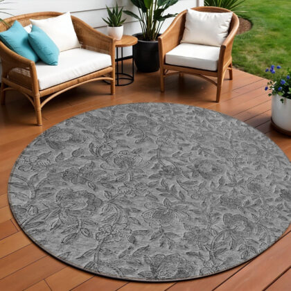 8' Gray Charcoal And Silver Round Floral Washable Indoor Outdoor Area Rug