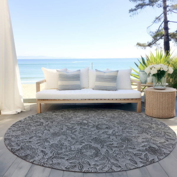 8' Gray Charcoal And Silver Round Floral Washable Indoor Outdoor Area Rug