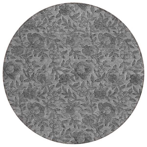 8' Gray Charcoal And Silver Round Floral Washable Indoor Outdoor Area Rug