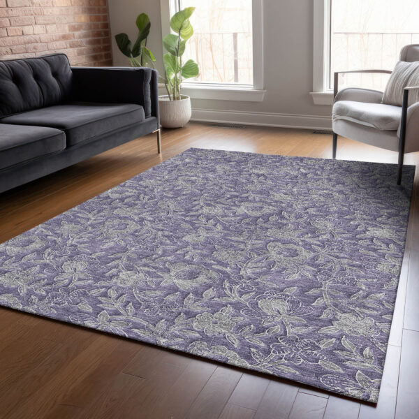 9' X 12' Eggplant Purple And Gray Floral Washable Indoor Outdoor Area Rug