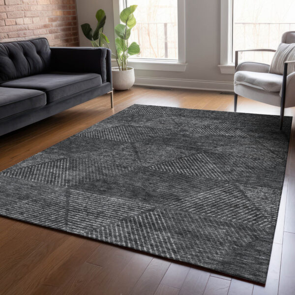 8' X 10' Charcoal Gray And Silver Geometric Washable Indoor Outdoor Area Rug