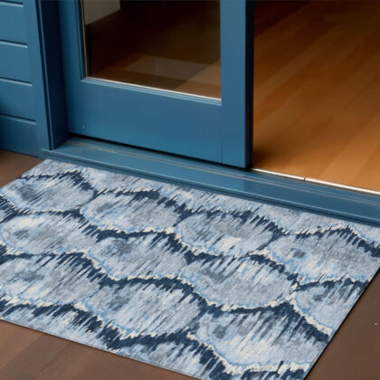 3' X 5' Navy Blue Sky Blue And Ivory Abstract Washable Indoor Outdoor Area Rug