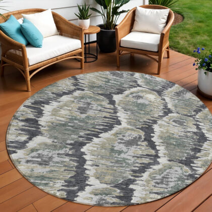 8' Charcoal Gray And Silver Round Abstract Washable Indoor Outdoor Area Rug