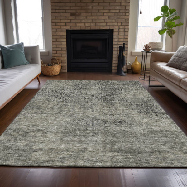 9' X 12' Taupe Khaki And Charcoal Floral Washable Indoor Outdoor Area Rug