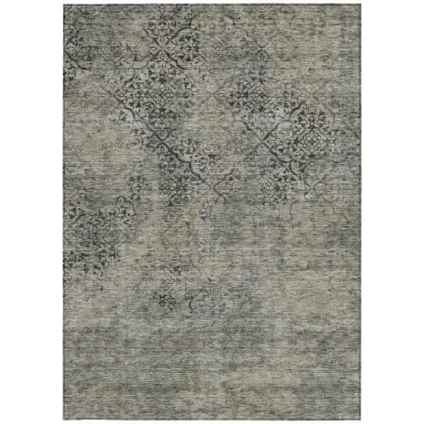 9' X 12' Taupe Khaki And Charcoal Floral Washable Indoor Outdoor Area Rug